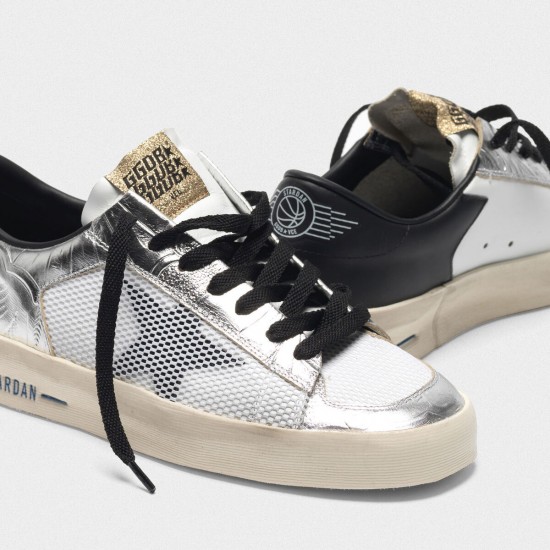 Women's Golden Goose stardan sneakers in laminated silver with floral design relief